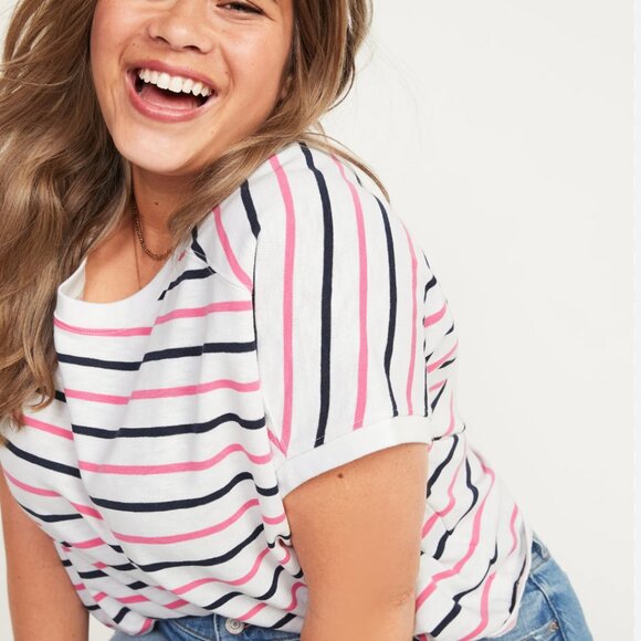 Old Navy Striped White Pink and Navy Oversized Boxy Tee | Size M - Picture 1 of 7